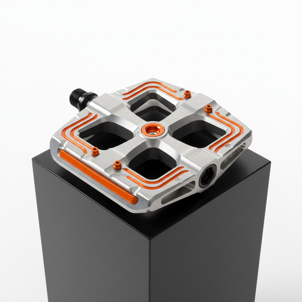 A close-up of a custom oversized mountain bike pedal designed for large shoe sizes, crafted from brushed titanium with deep traction grooves and vivid orange accents. The pedal is displayed on a sleek, matte black plinth, set against a stark white backdrop with harsh side lighting casting angular, crisp shadows and highlighting the pedal’s detailed machining. The composition uses an eye-level perspective, framed off-center with lots of negative space, evoking a bold, powerful mood. The overall style is sharply minimalist and highly realistic, further emphasizing the pedal’s unique, customizable qualities for discerning riders.