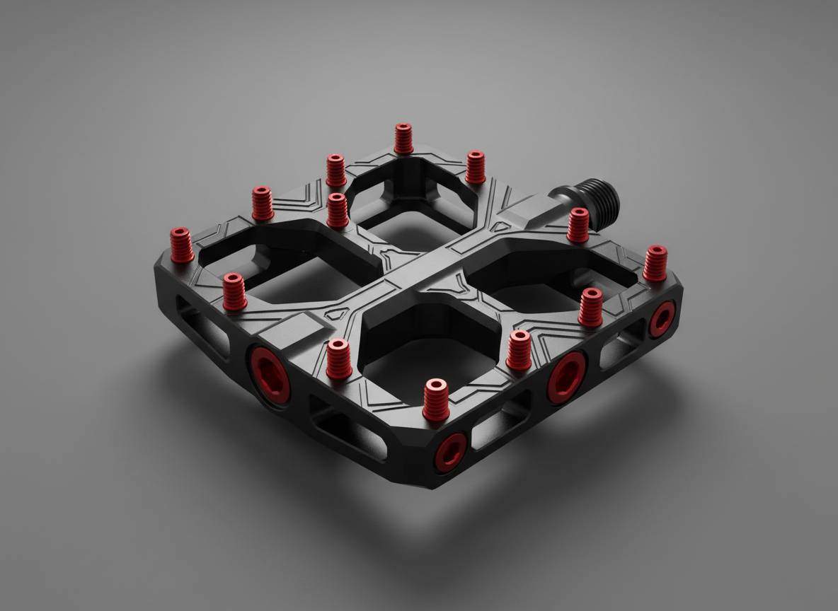 An ultra-modern, precision-machined flat mountain bike pedal in anodized matte black aluminum, featuring bold laser-etched geometric grip patterns and vibrant red adjustable pins. The pedal is positioned alone on a seamless matte gray platform, with sharp overhead directional lighting creating crisp, dramatic shadows and accentuating every cut and contour. The minimalist background remains free of distractions, amplifying the product’s bold silhouette. Captured from a slightly elevated, three-quarters perspective, the composition is tightly framed for maximum visual impact. The mood is assertive and energetic, with a clean, modern, and minimalist aesthetic that embodies the site’s bold personality.