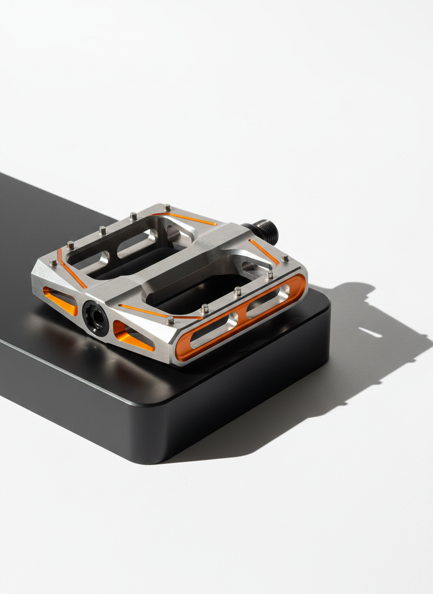 A close-up of a custom oversized mountain bike pedal designed for large shoe sizes, crafted from brushed titanium with deep traction grooves and vivid orange accents. The pedal is displayed on a sleek, matte black plinth, set against a stark white backdrop with harsh side lighting casting angular, crisp shadows and highlighting the pedal’s detailed machining. The composition uses an eye-level perspective, framed off-center with lots of negative space, evoking a bold, powerful mood. The overall style is sharply minimalist and highly realistic, further emphasizing the pedal’s unique, customizable qualities for discerning riders.