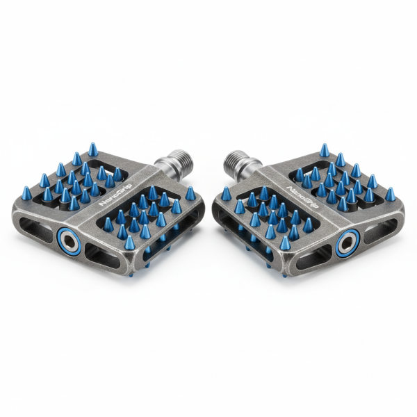 Professional product photography of NanoGrip Enduro Flats, Compact, durable flats built for all day enduro sessions., Front view, clean white background, studio lighting, e-commerce product shot, photorealistic, high resolution --no text, words, letters, numbers, labels, watermarks, logos, captions, titles, subtitles, writing